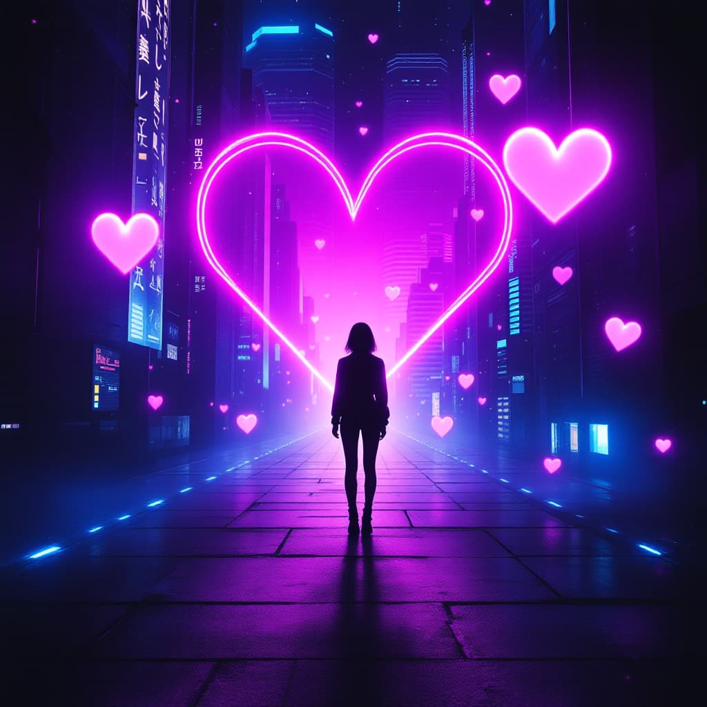 AI generated: futuristic k-pop album cover, glowing neon cityscape at night, digital hearts floating in the air, s...