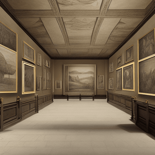 AI generated: gallery in an ancient art museum, drawings on the wall in the style of Leonardo Da Vinci, 8k, safe f...