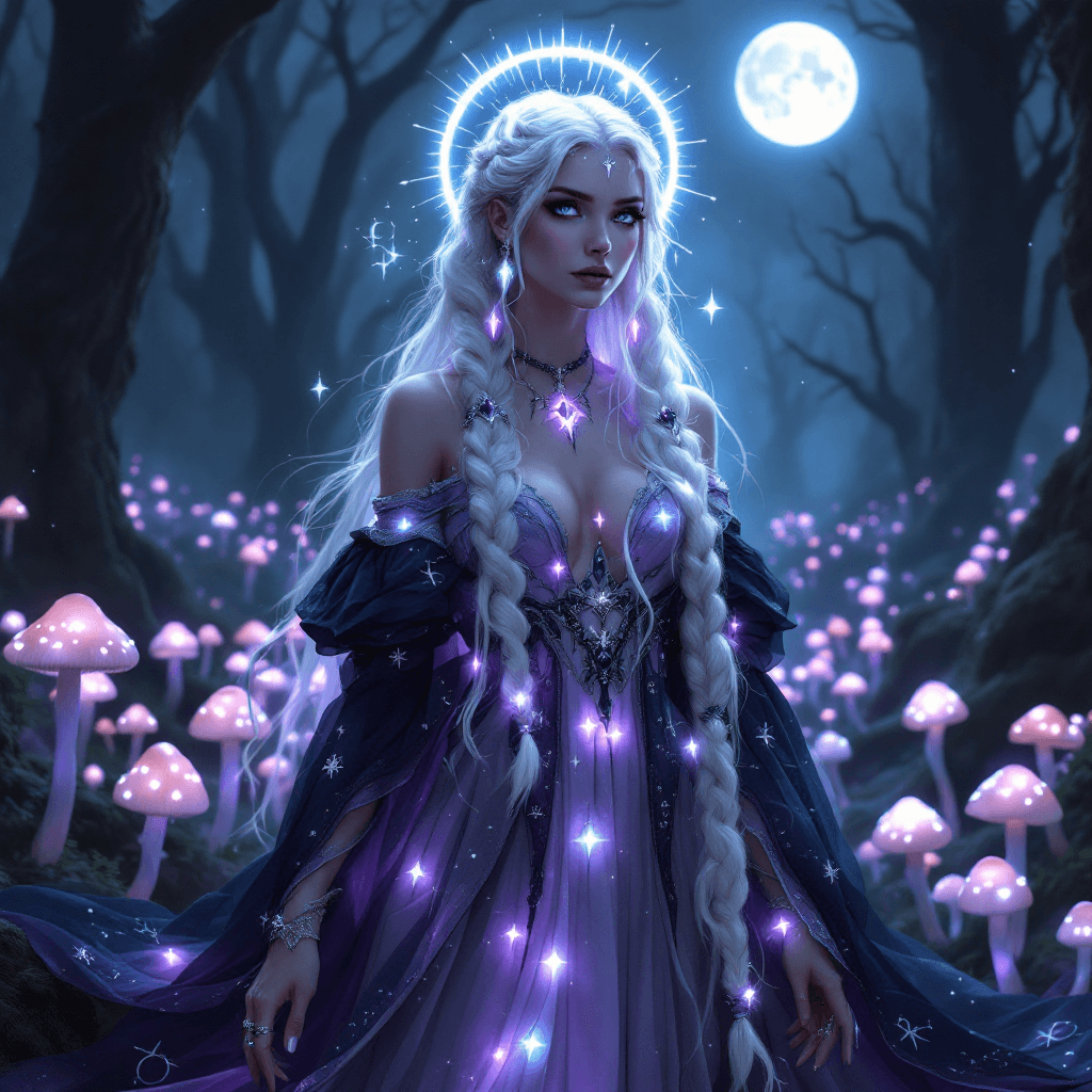 AI generated:     A regal woman with long, platinum blonde hair, styled in intricate braids adorned with glowing c...