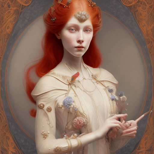 AI generated: portrait of a humanoid princess with long red hair, motionless, facing the camera, dressed in upper ...