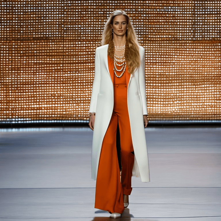 AI generated: full body,standing at the end of a runway, fashion show in the background,wearing two pearl necklace...