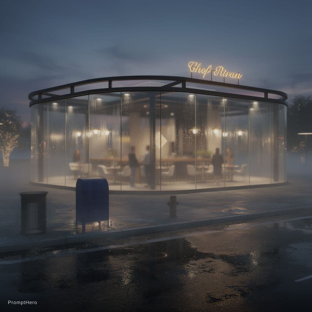 AI generated: modern minimalist architecture, contemporary pavilion design, symmetrical curved structure, panorami...