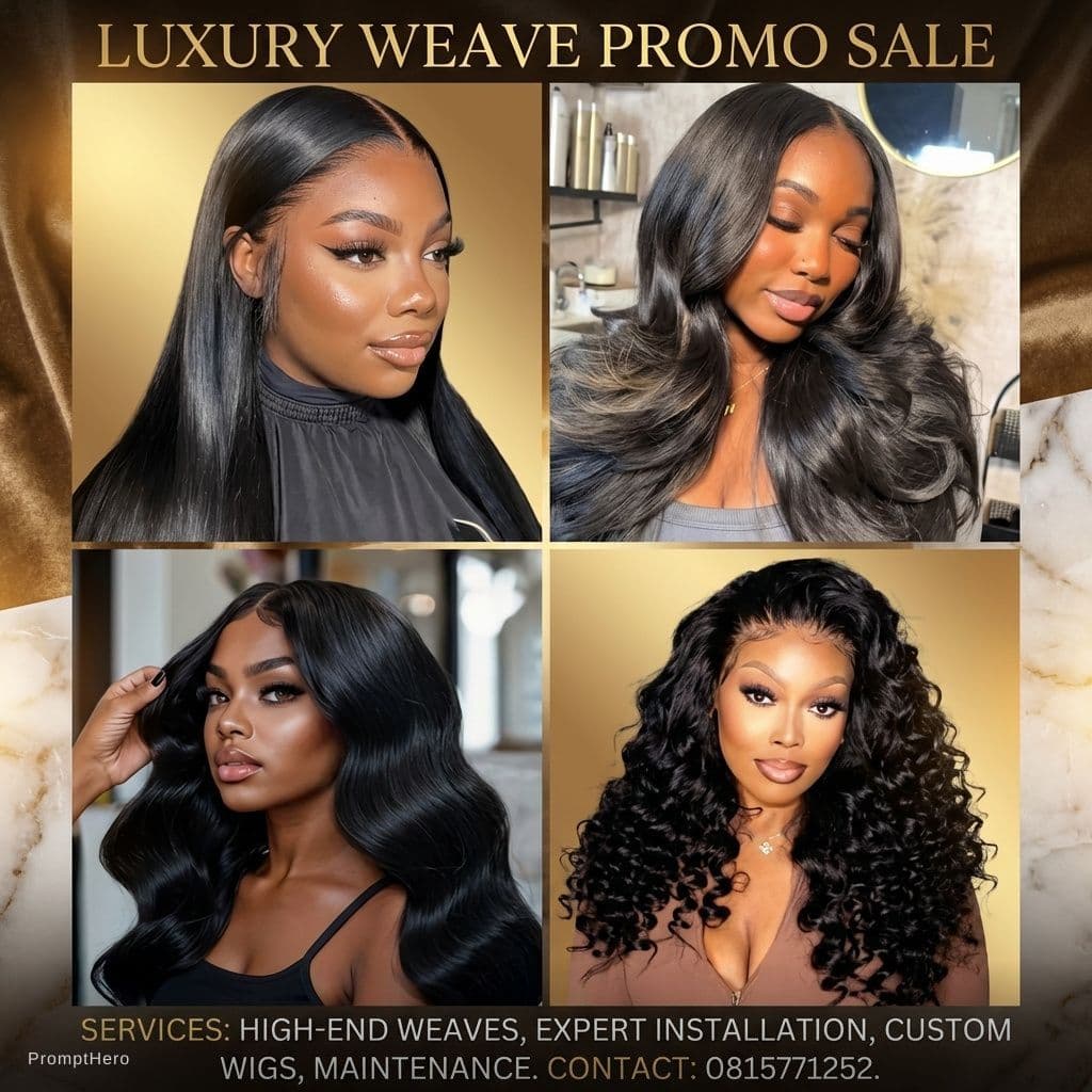 AI generated: Using one image of a lady in each picture. Create a poster of a weave promo sale with different beau...