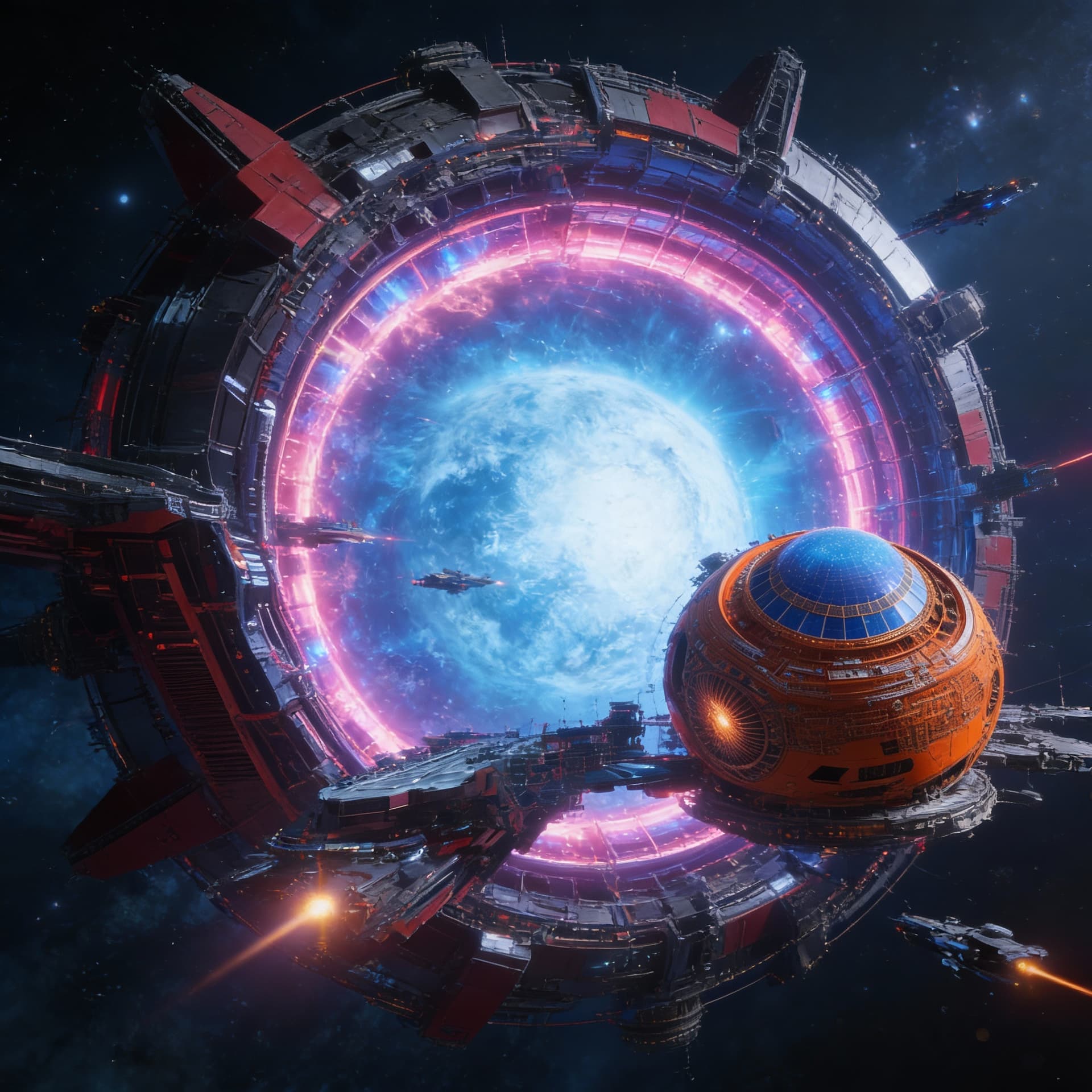 AI generated: Use the Reference Image to imagine, in detail, an alien Starship manufacturing Dyson’s Sphere.  Alte...