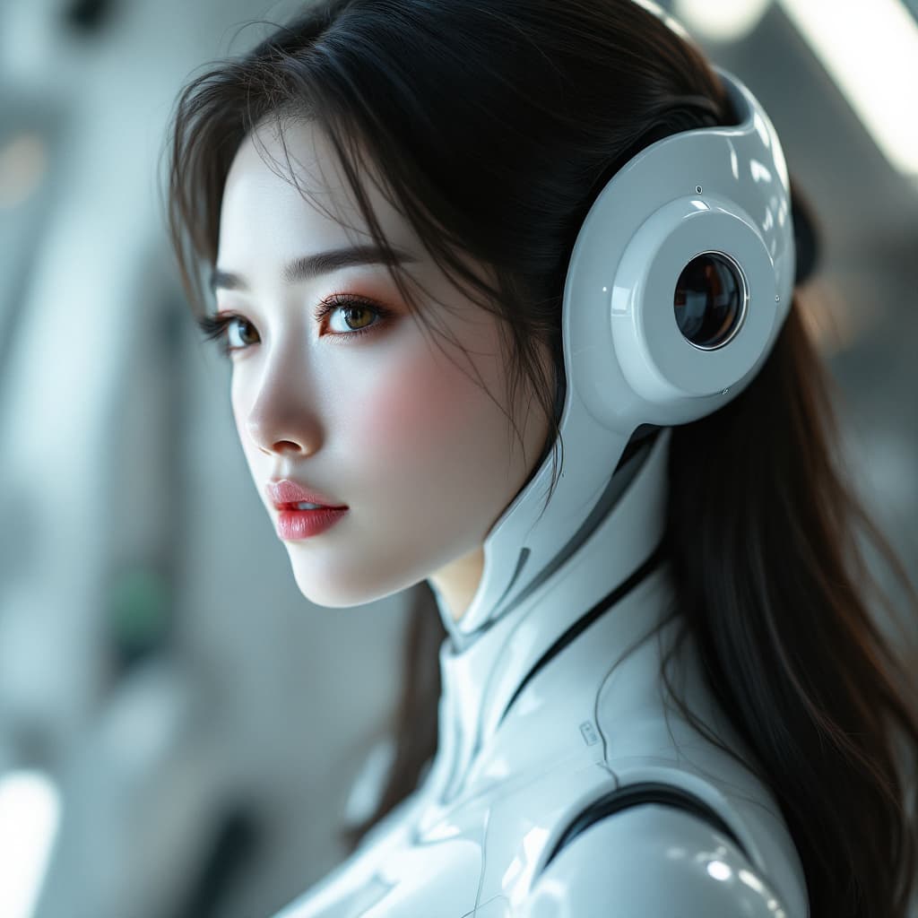 AI generated: Beautiful Asian woman in a white bodysuit, futuristic robotic face, pero and a floating pod beautifu...
