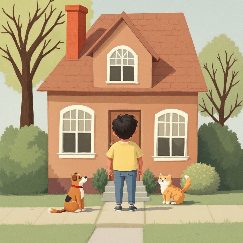AI generated: house with person in front with a dog and cat next to them