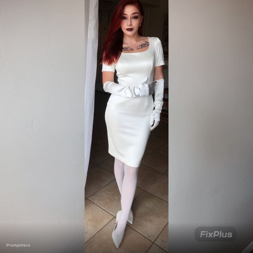 AI generated: Woman in long white gloves and revealing white dress with stockings and stilettos along with glossy ...