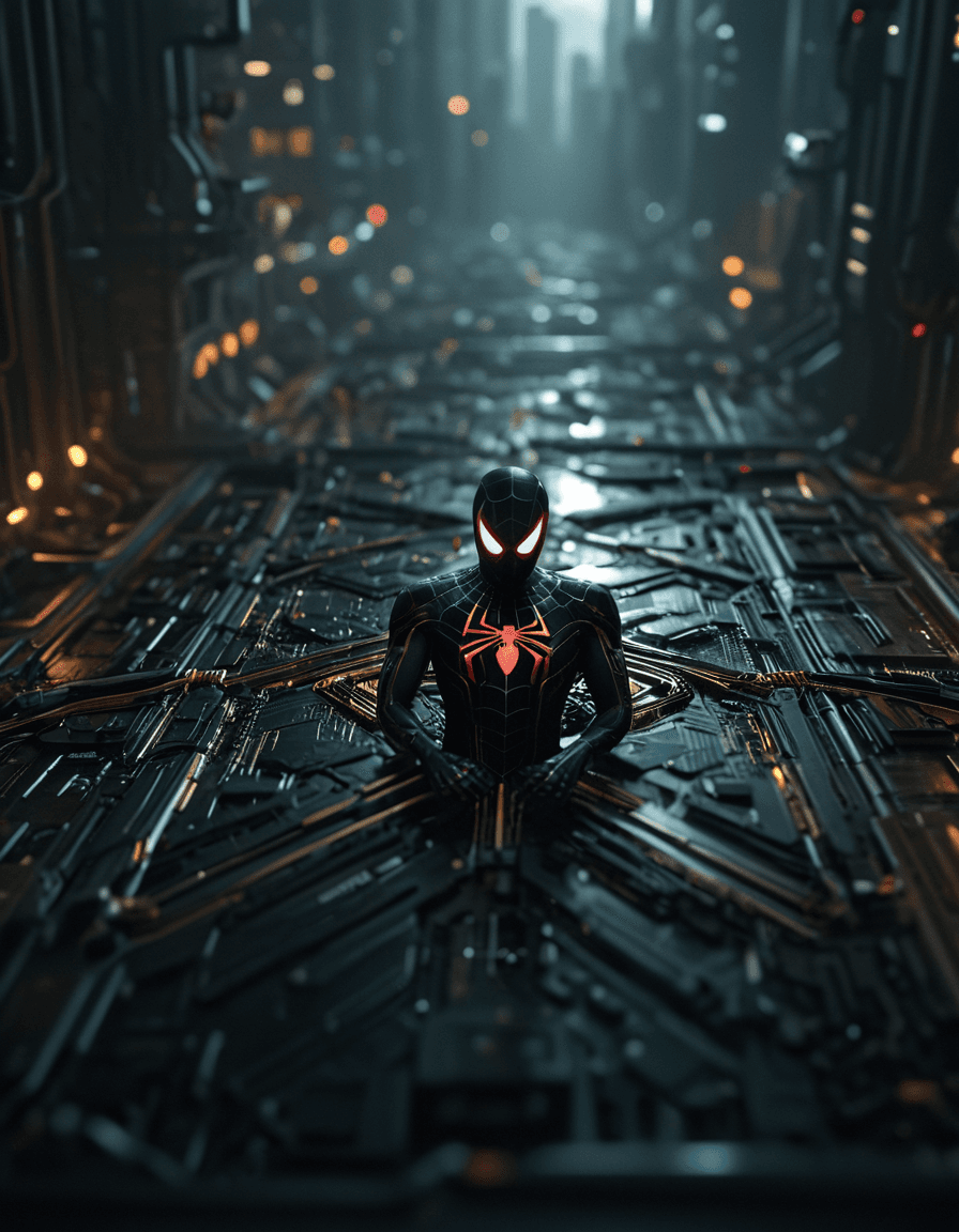 AI generated: 	dark futuristic, spider man, focus, motherboard, technological, shot from above, full body, intrica...