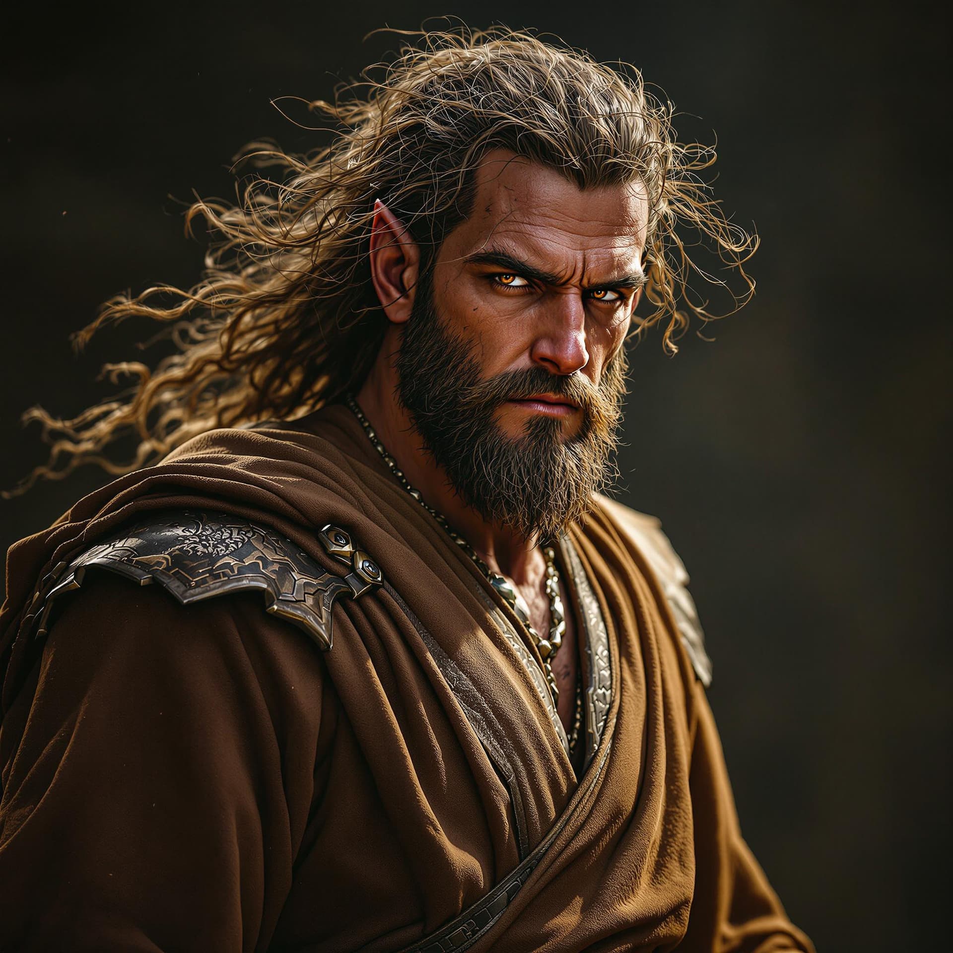 AI generated: Photo of a ultra realistic portrait, dramatic light, middle aged male satyr, tan skin tone, curly br...