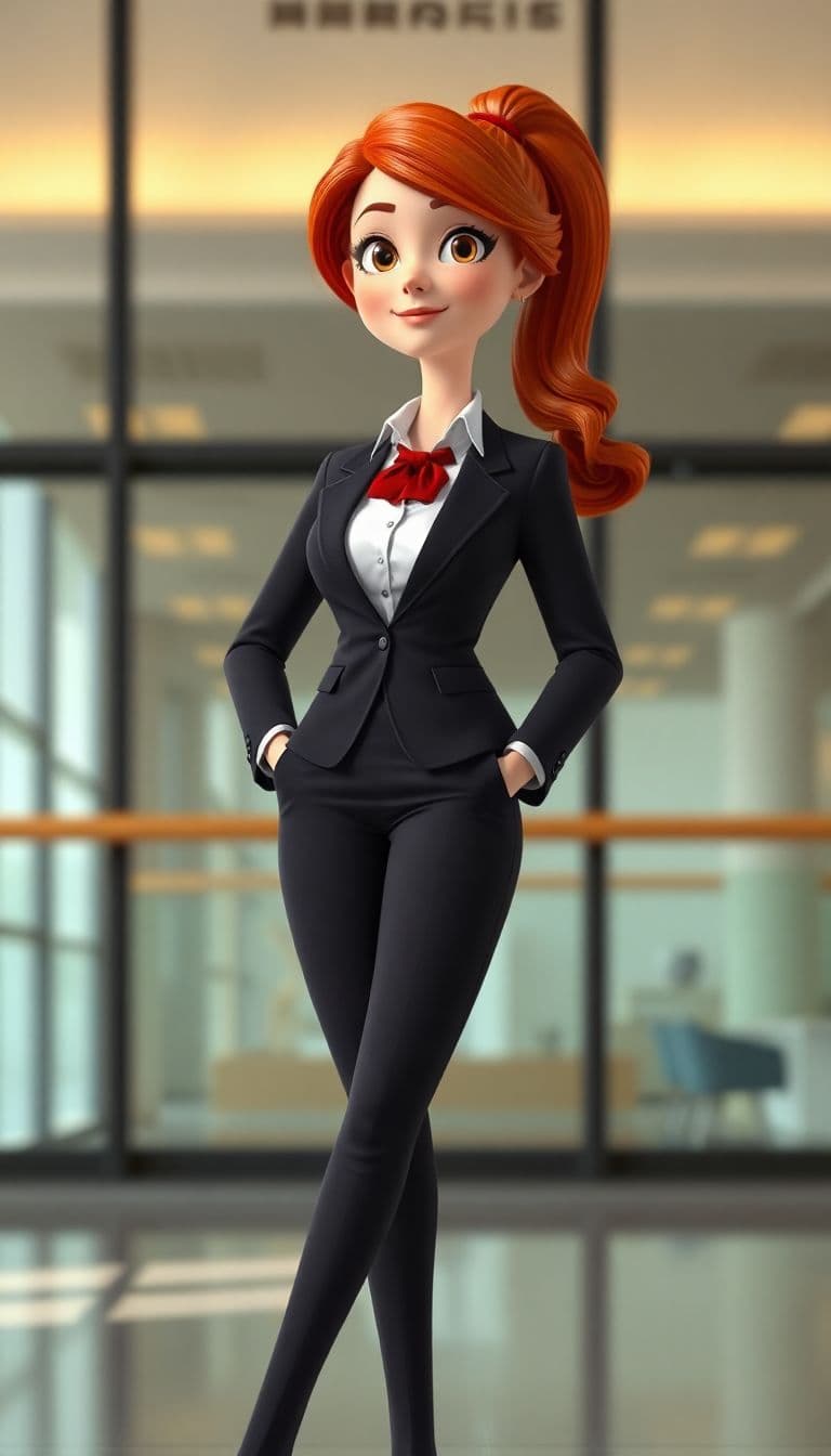 AI generated: Pretty Pixar-style Red Head woman dressed as an executive standing in front