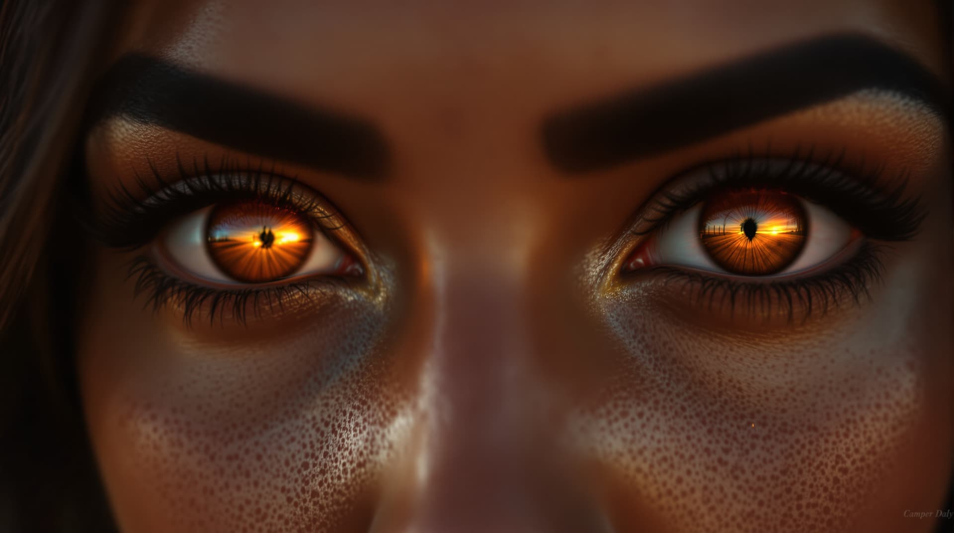 AI generated: hyper realistic . Close-up of Parushat’s eyes, the reflection of the sunset glowing in her pupils. [...