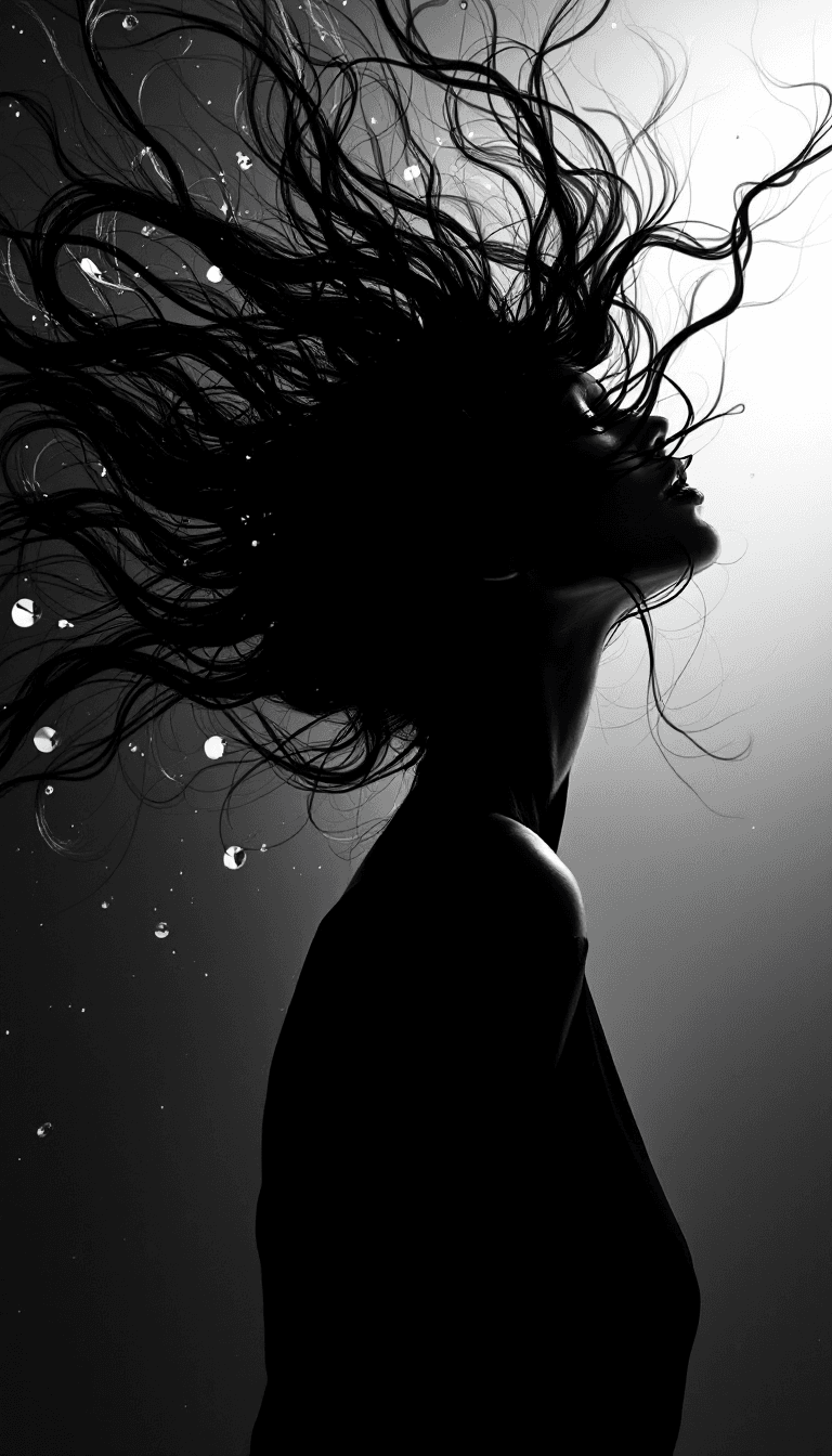 AI generated: black and white photography, fashion editorial, a silhouette of woman with abstract hair in black an...