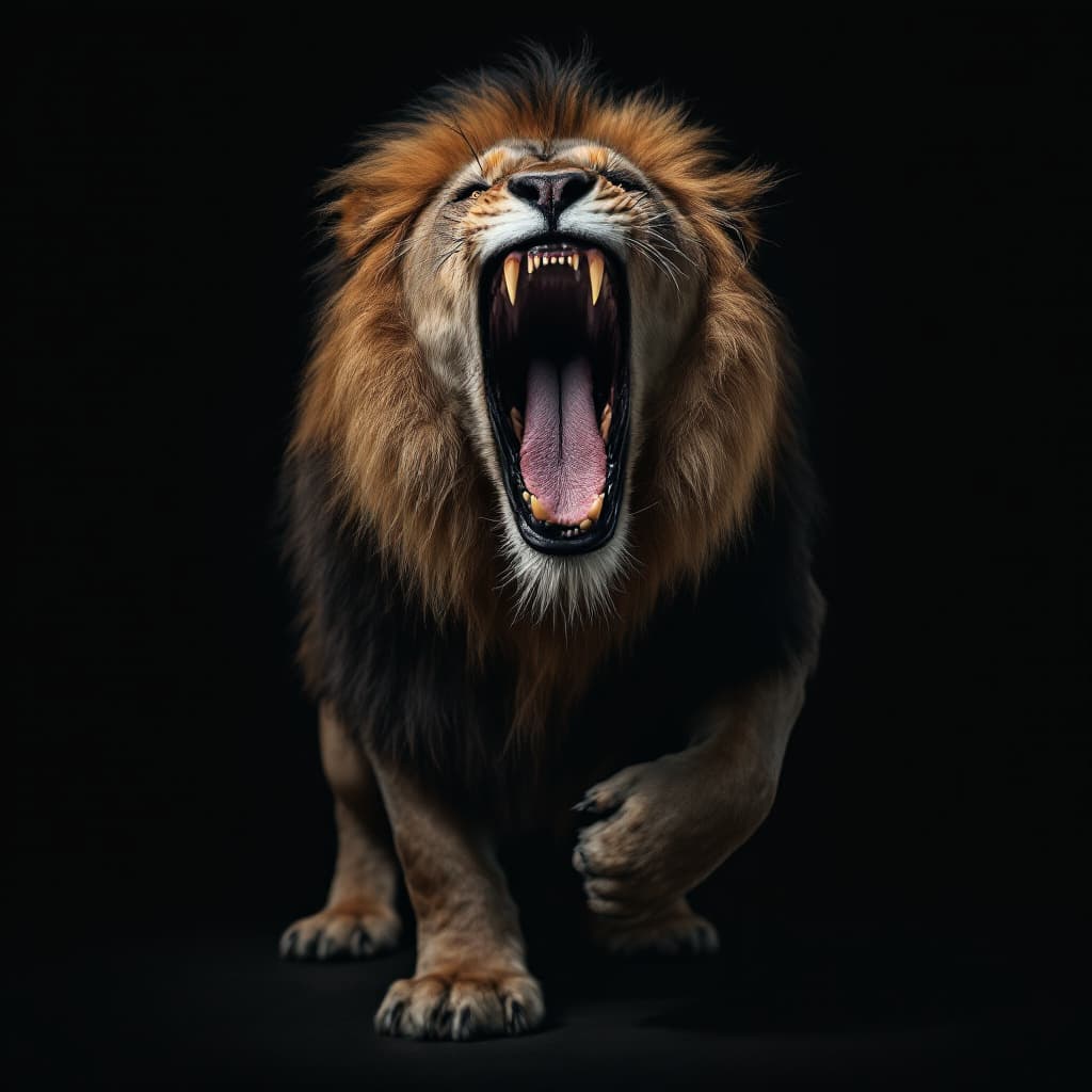 AI generated: a roaring lion photographed by lee jeffries, expressive eyes, dark background, proportionate body, p...