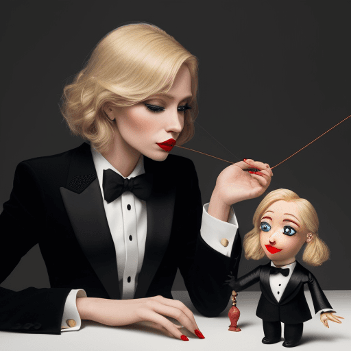 AI generated: An elegant 30-year blond woman, with makeup and lipstick, plays with a puppet on strings that wears ...