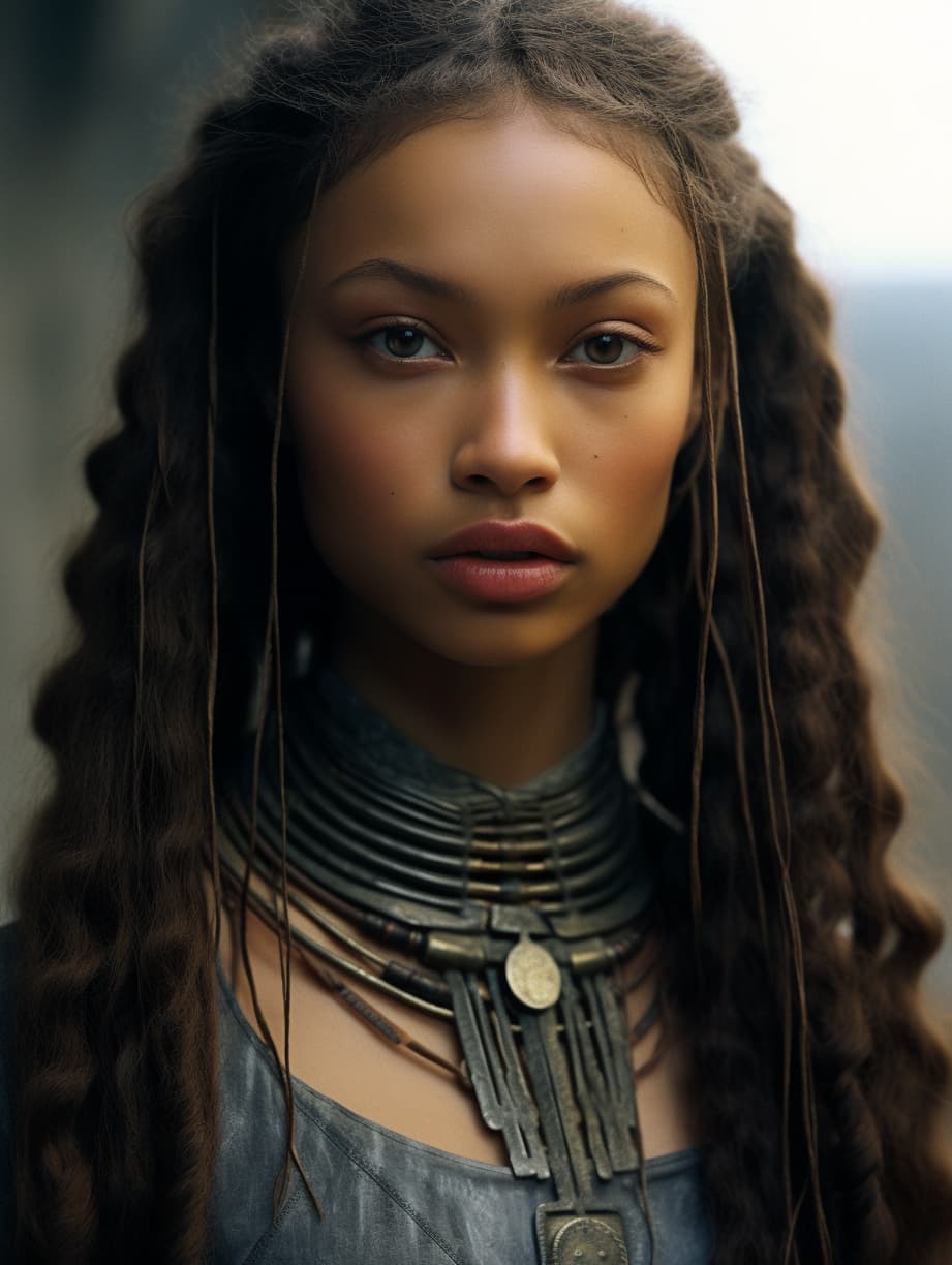 AI generated: a close up of a woman with long hair, portrait sophie mudd, roman vlasov, light brown skin, front fa...