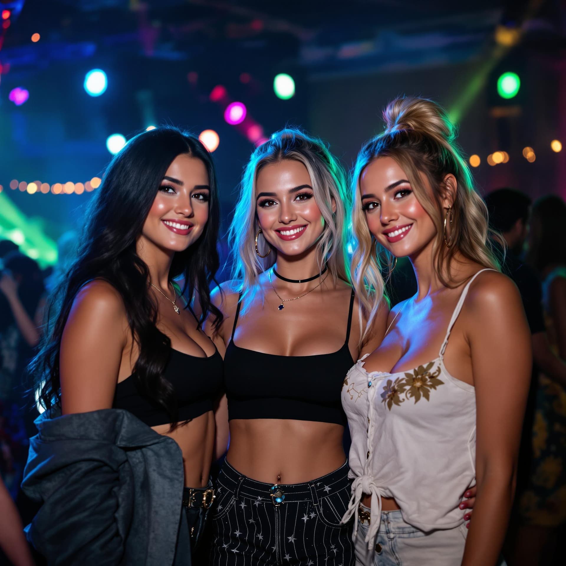 AI generated: "Three young women at a lively party, dressed in trendy outfits, confidently looking at the viewer. ...
