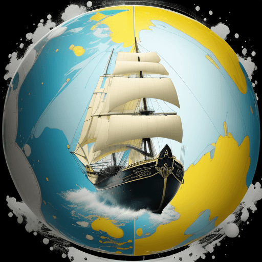 AI generated: a yellow door in a colorless globe. surreal. color splash art with the door. a sailing ship, an ocea...