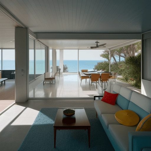 AI generated: Hyper realistic eye level exterior photo of a mid century modern style house overlooking the ocean, ...