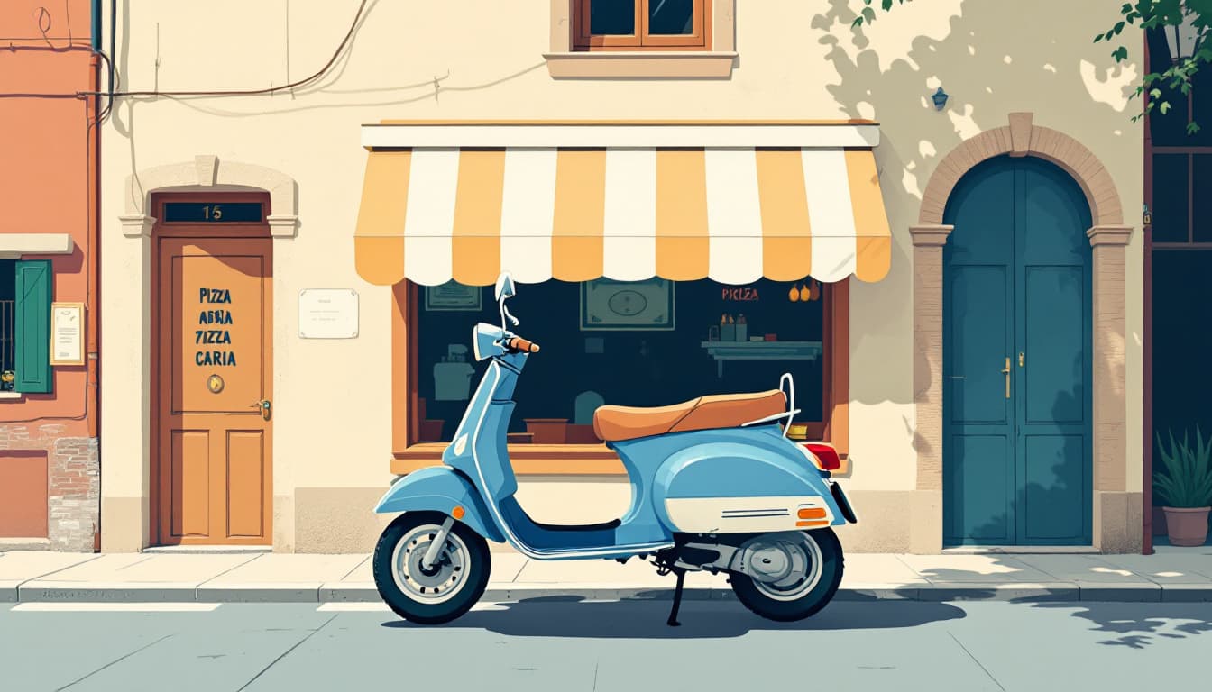 AI generated: A blue and white  Lambretta moped parked in front of an old pizzaria with windows, flat graphic nove...