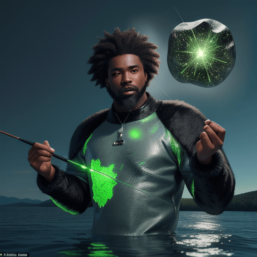 AI generated: black man dressed in fur finds meteorite while fishing, the green glow cast on the water, hyper-real...