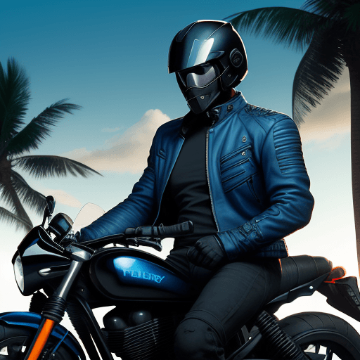 AI generated: an adventurous biker with crossed arms, long-sleeved jacket, torso slightly tilted to the right, wit...