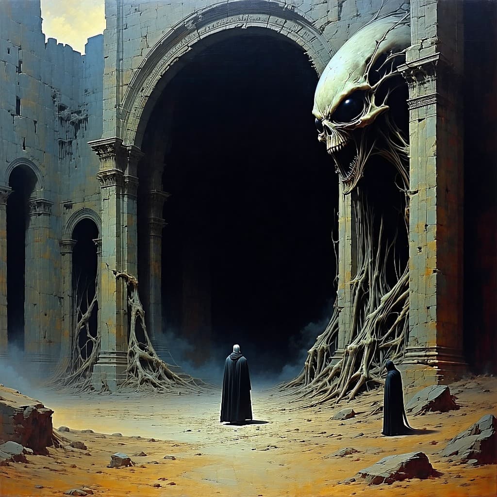 AI generated: combine the horror styles of Zdzislaw Beksinski, Dariusz Zawadzki to create a dark fantasy, ancient ...
