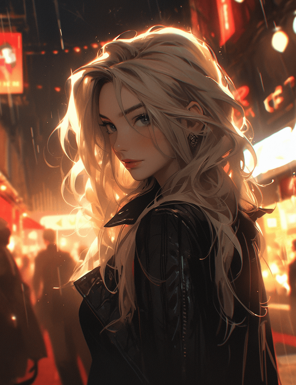 AI generated: an image of a woman in black leather near a neon sign, in the style of cyberpunk manga, ruslan loban...