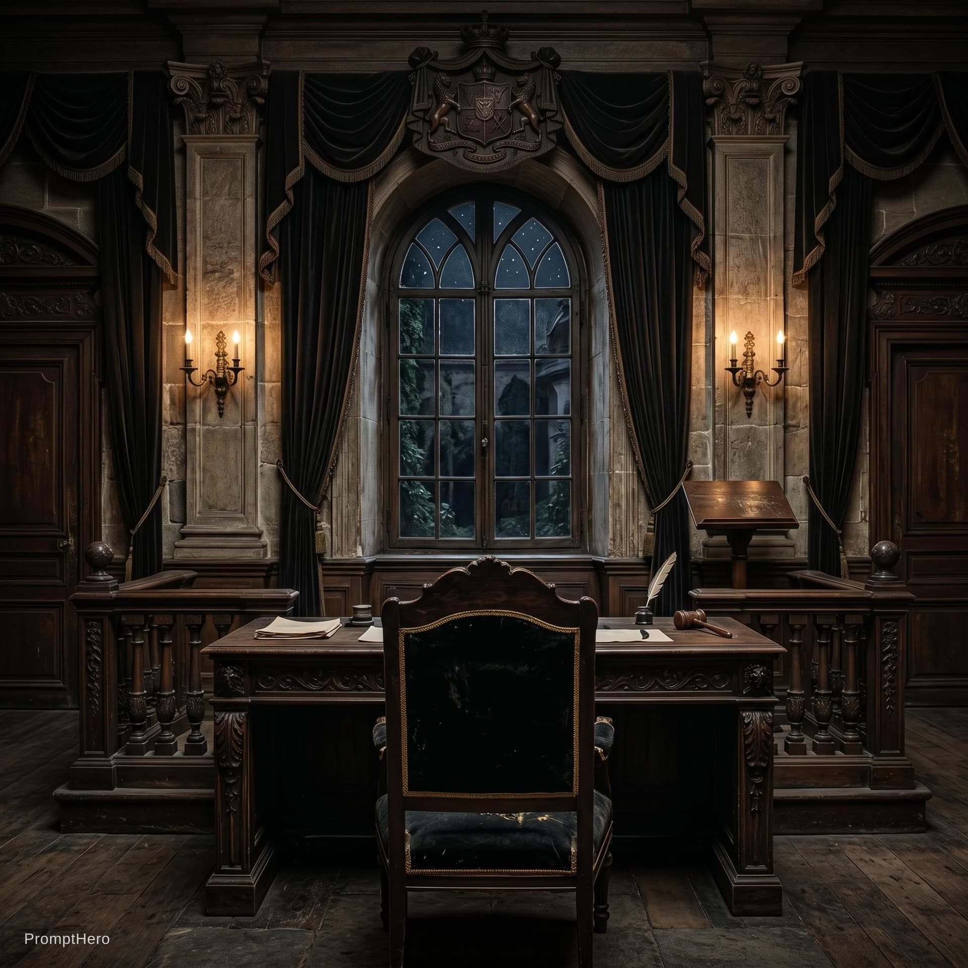 AI generated: dark courtroom background 1829  madagascar court dark brown dark black tones. photo realistic. no pe...