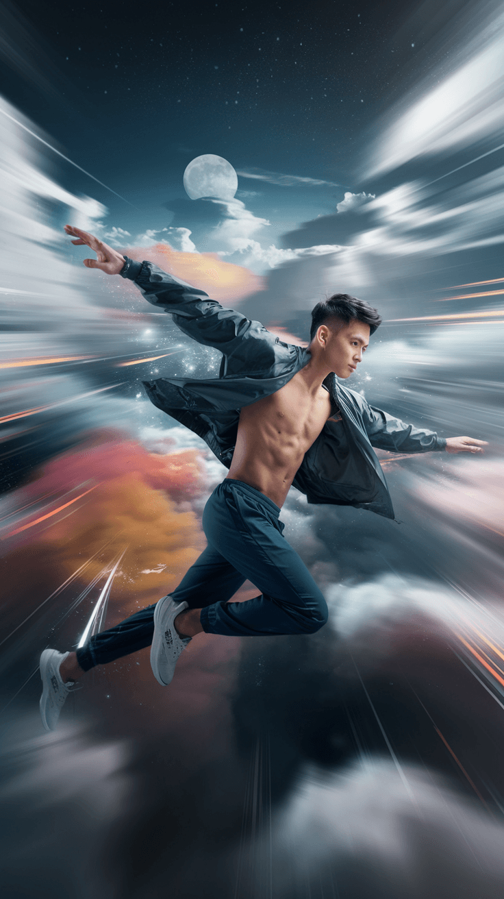 AI generated: A fast aerial tracking shot from the perspective of a drone captures a surreal dream sequence of a h...