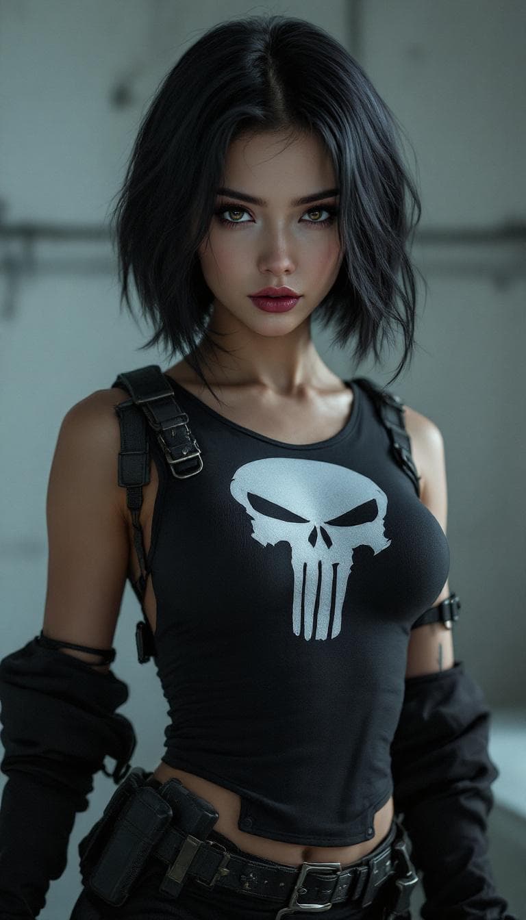 AI generated: Indonesian female dressed as Punisher, (((full body visible))), short black hair, looking at viewer,...