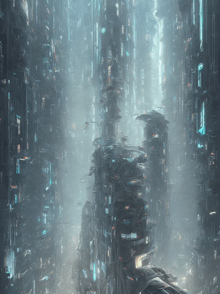 AI generated: detailing two cyborgs drawing in an apartment overlooking a cyberpunk city, standing hair line Sheen...
