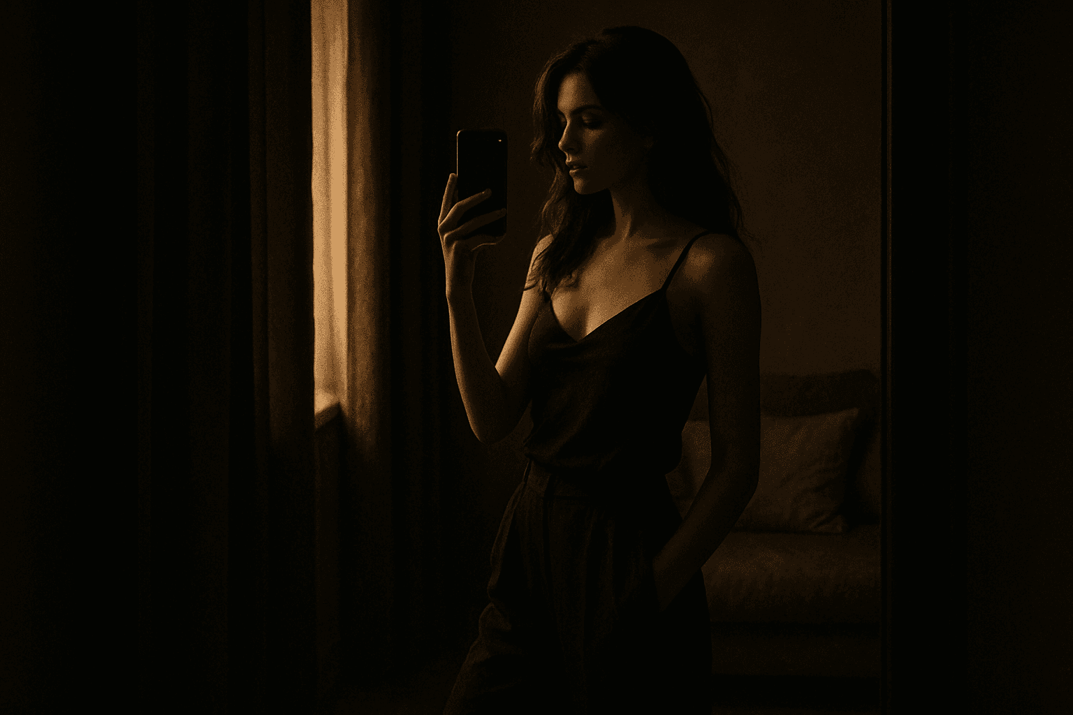 AI generated: In a dimly lit room, a young woman stands bathed in soft light spilling through dark curtains, casti...