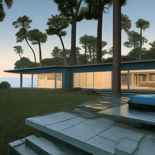 AI generated: Hyper realistic eye level exterior photo of a mid century modern style house overlooking the ocean, ...