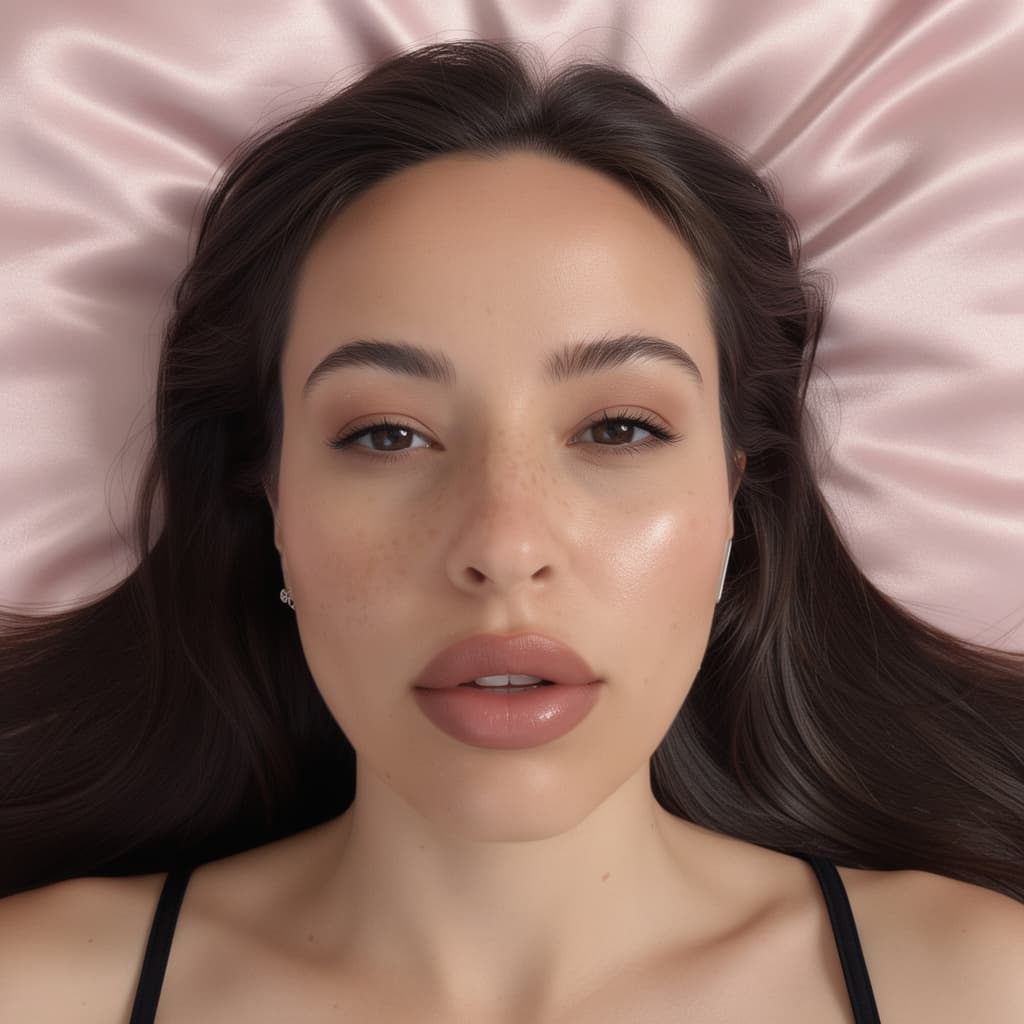 AI generated: A realistic, high-resolution photograph of a young adult woman lying on a bed, viewed from above. Sh...