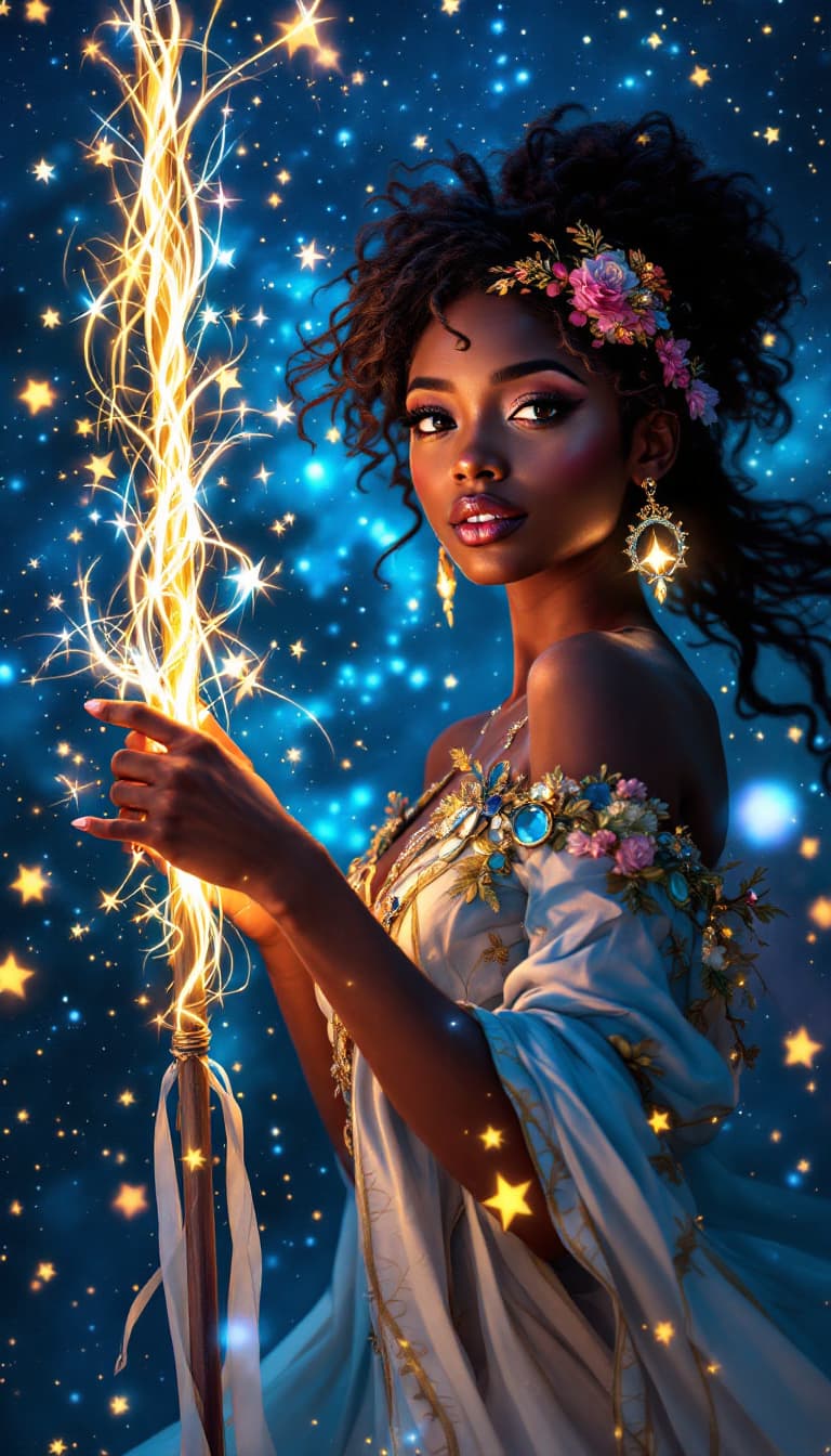 AI generated: "Celestial Artist in a Starry Embrace": A vibrant image showcases a captivating woman, skillfully ha...