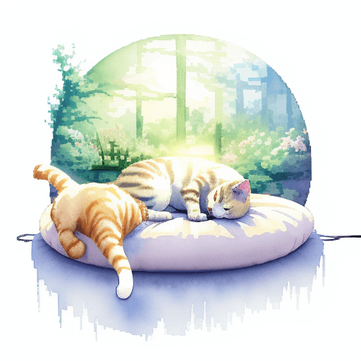AI generated: Light watercolor, cat and a dog sleeping, bright, white background, few details, dreamy, Studio Ghib...