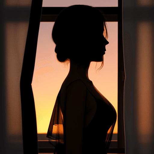AI generated: medium closeup, (silhouette of a woman:1.1) standing in front of a picture window, wearing sheer sli...