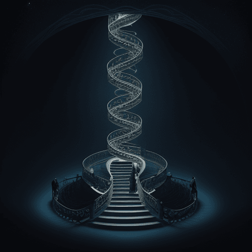 AI generated: A dreamy illustration of an infinite staircase leading to the universe, with books and characters on...