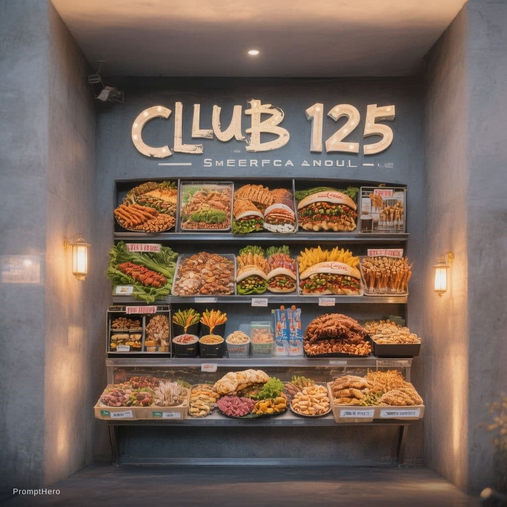 AI generated: I need a poster for an entrance wall leading towards cafeteria, celebrating the CLub 125 building, i...