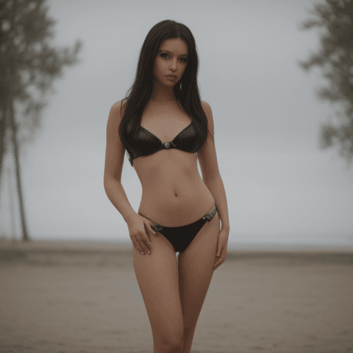 AI generated: A sexy seductive sultry woman with hip length raven hair in a black leather bikini, standing against...