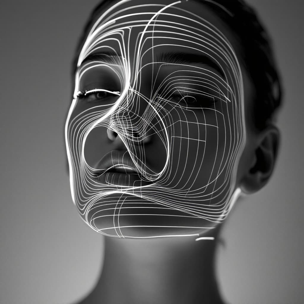 AI generated: black and white photography of the woman model face with lines. The head is made out of stripes of l...