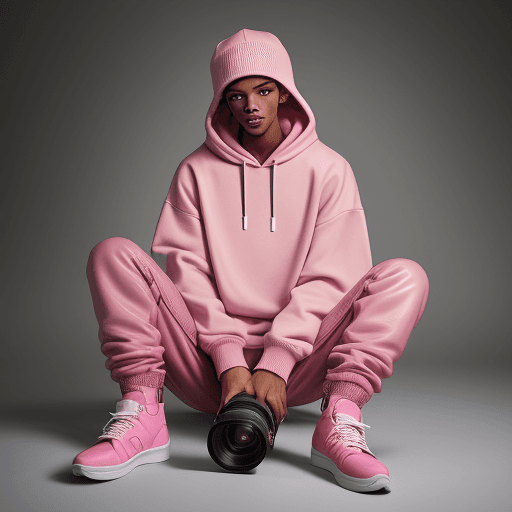 AI generated: capturing a model, man wearing basic hoodie, matte pink fur, dark pink leather cargo jogger pant, sk...