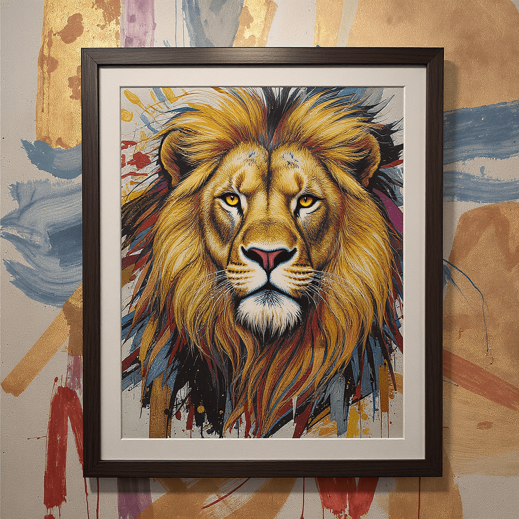 AI generated: mandela art, 400 pixels, hyper realistic,framed lion with lots of different colors and muted and tex...