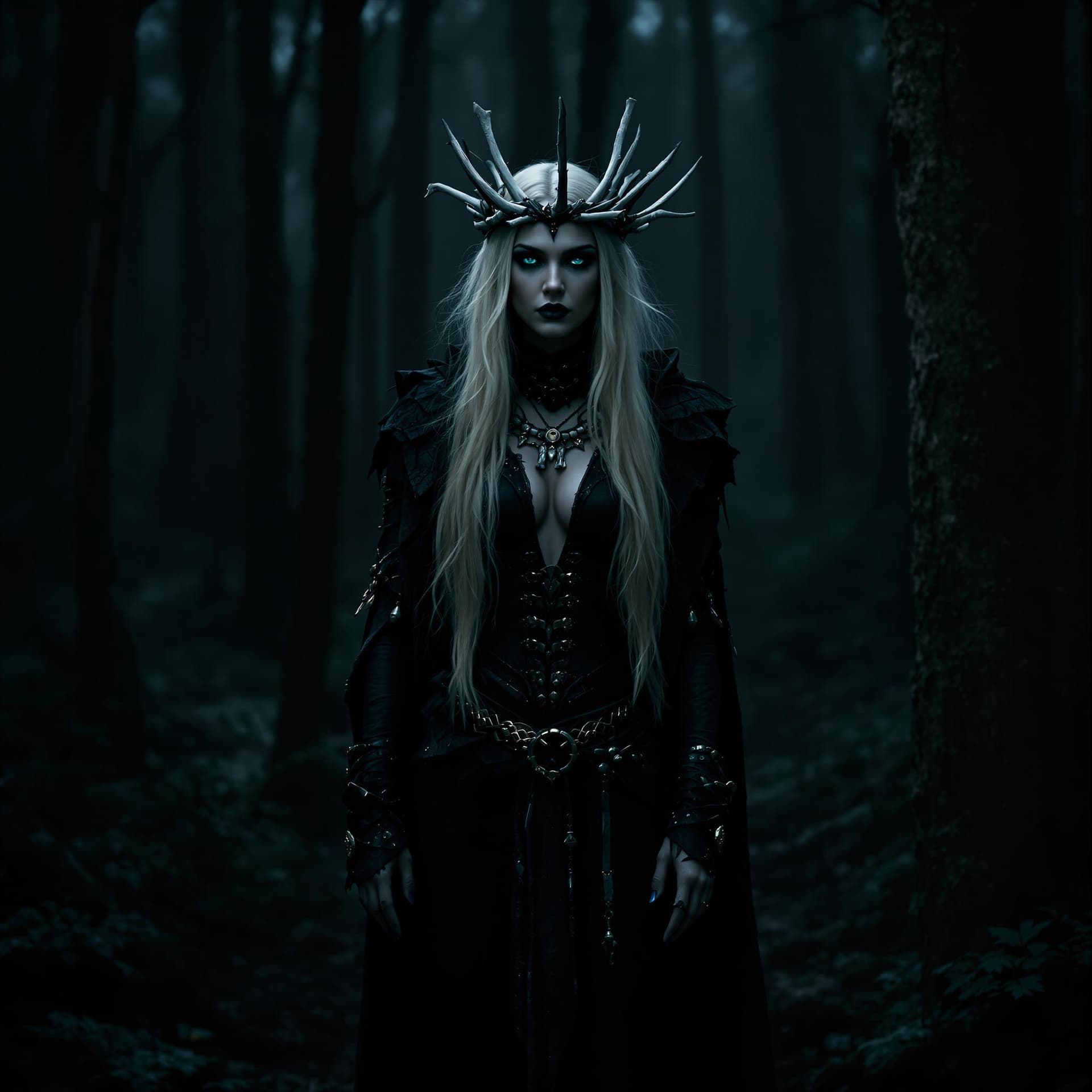 AI generated: a shaman woman wearing black and standing in a dark forest. There is a crown of bones around her hea...