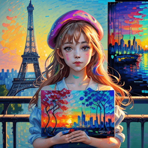 AI generated: captivating girl wearing a beret sunset, lights, vibrant colors, impressionism, beautiful, monet sty...