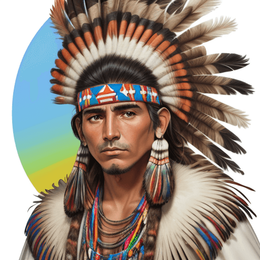 AI generated: c
hombre guerrero indio cherokee con miles de plumas de colores, are digital full color 