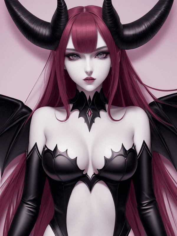 AI generated: A beautiful demon girl. Slender body. Fill body. Beautiful symmetrical demon horns. Demon wings. Ele...