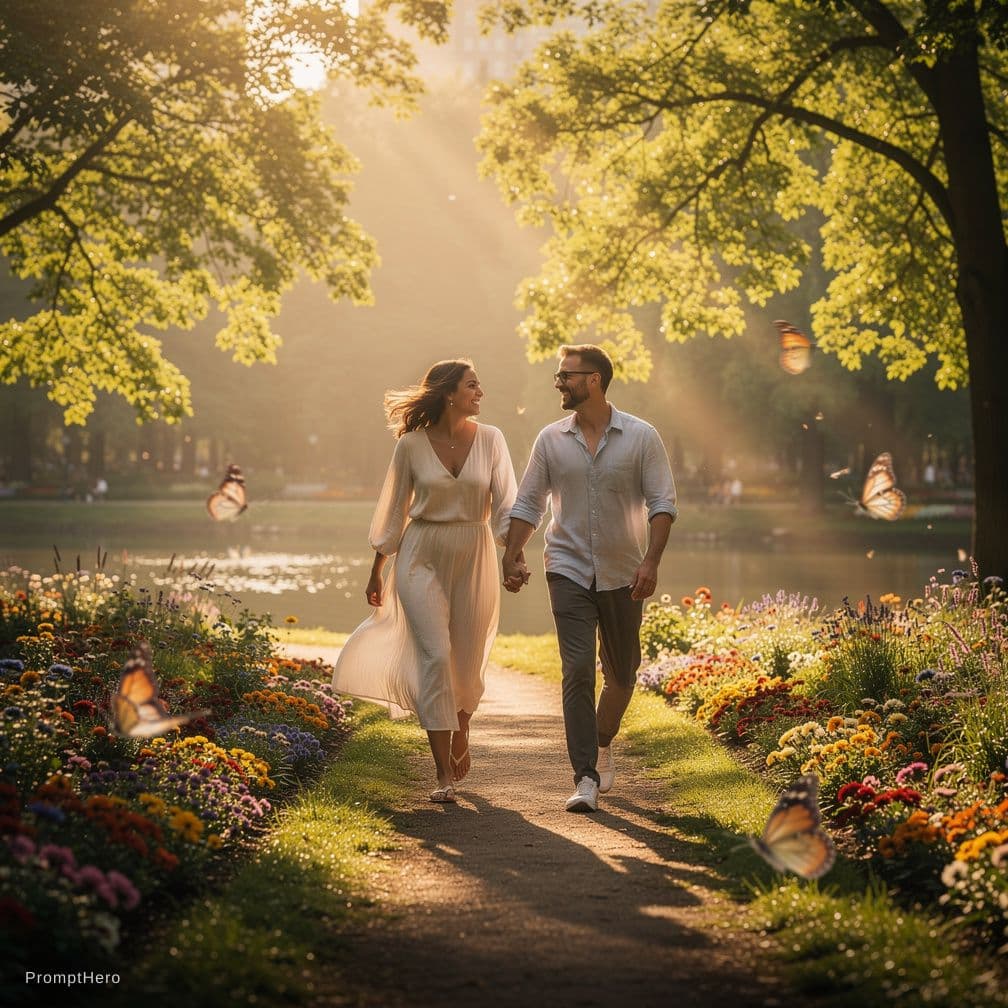 AI generated: Een gelukkig  paar dat 's ochtends door een levendig park loopt.

Voorgrond: kleurrijke bloemen en f...