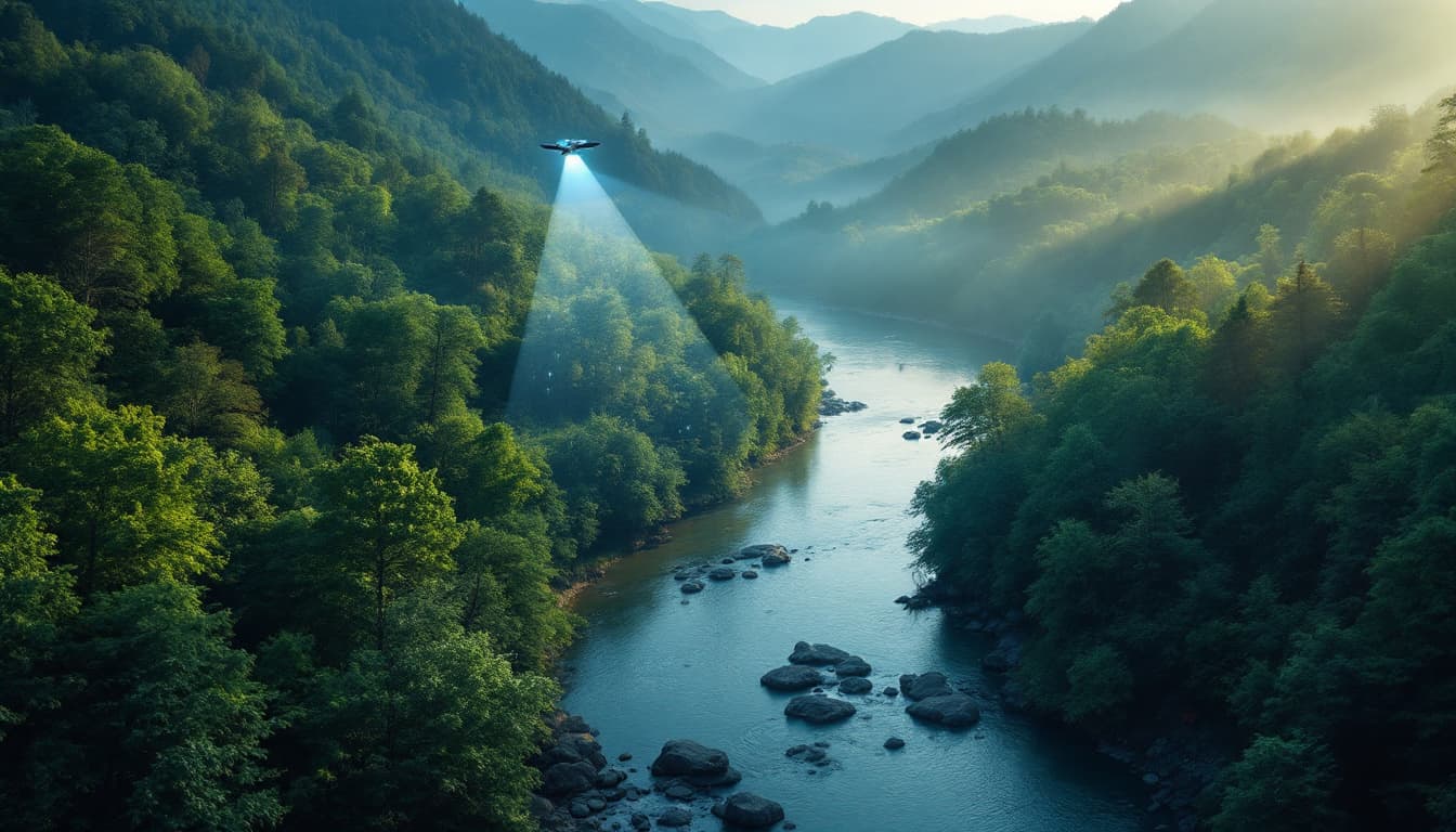 AI generated: Paysage naturel : Une rivière traversant une forêt dense avec des collines verdoyantes.
Surveillance...