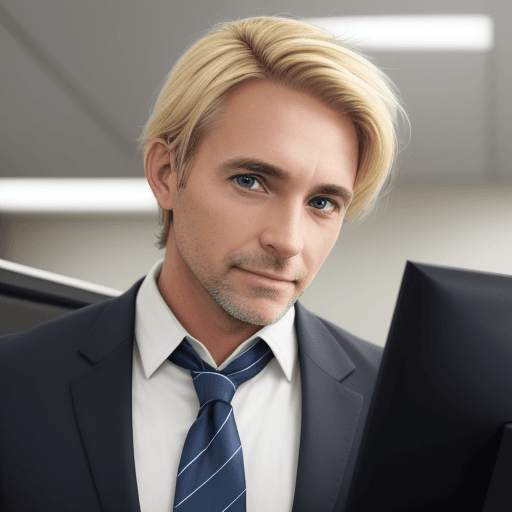 AI generated: photo of a male, blonde, middle-aged IT professional with a tie standing in an office
